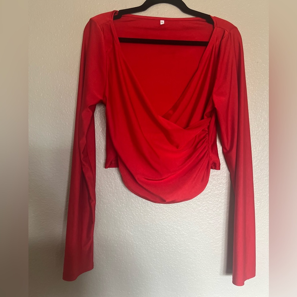 Red RUCHED  Wrap Front Long Sleeve  Top Size XL - Picture 8 of 9